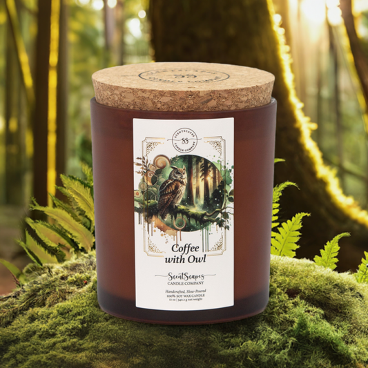 A ScentScapes scented candle in a brown amber jar with a cork lid, labeled 'Coffee with Owl', depicting an illustration of an owl, placed in a natural setting with trees and moss in the background. A vintage-style gold foil design frames the image.
