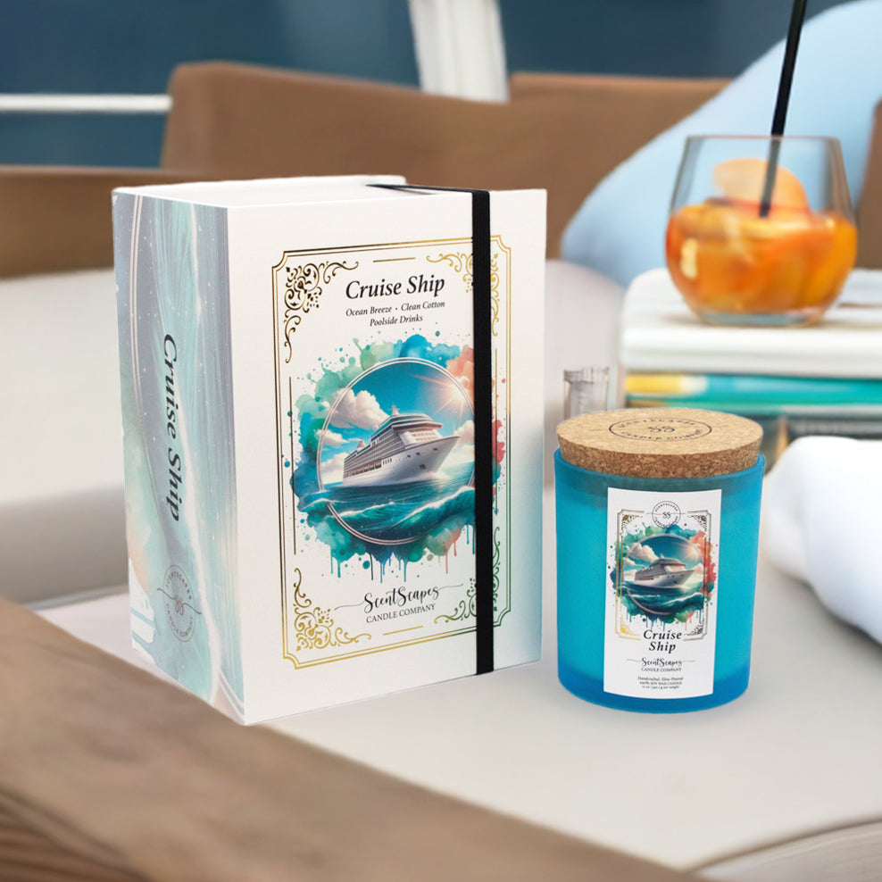 A ScentScapes candle in a blue jar with cork lid, labeled 'Cruise Ship', depicting an illustration of a cruise ship on the ocean. A vintage-style gold foil design frames the image. The candle is displayed next to its storybook box packaging with same label imagery on a chaise lounge chair in the context of a cruise ship pool deck with a fruity cocktail on top of books and neatly folded fresh beach towels in the background.