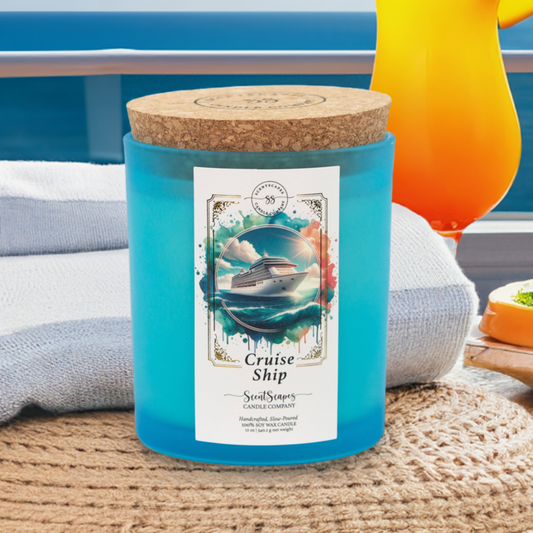 A ScentScapes candle in a blue jar with cork lid, labeled 'Cruise Ship', depicting an illustration of a cruise ship on the ocean. A vintage-style gold foil design frames the image. The candle is displayed on a surface in the context of a cruise ship pool deck with a fruity cocktail and neatly folded fresh beach towels in the background.