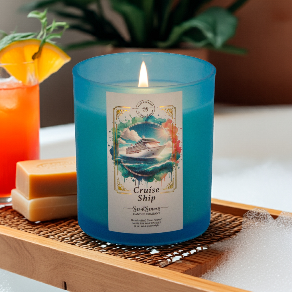 A ScentScapes candle in a blue jar with cork lid, labeled 'Cruise Ship', depicting an illustration of a cruise ship on the ocean. A vintage-style gold foil design frames the image. The candle is displayed in the context of a luxurious bubble bath.
