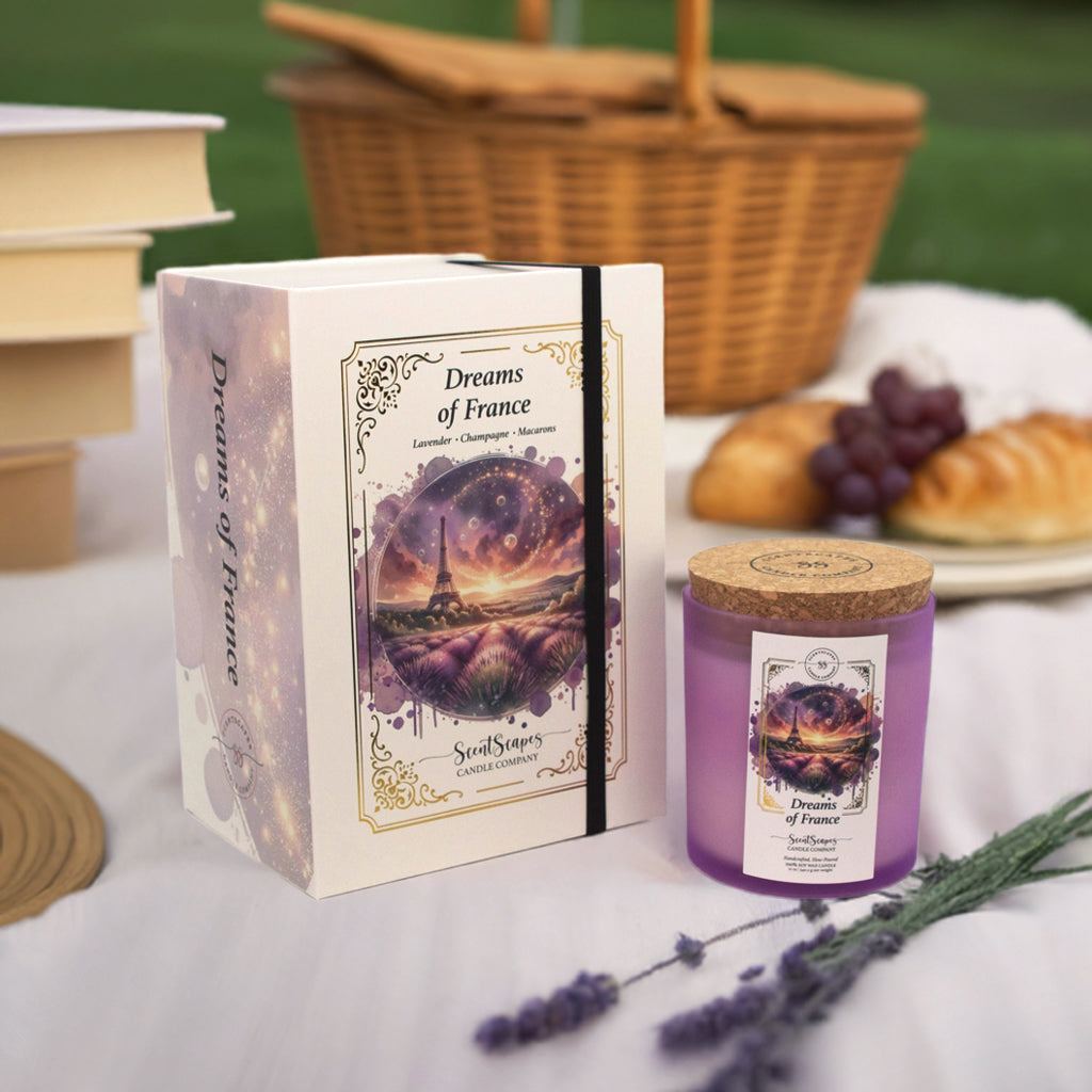 A ScentScapes candle in a purple jar with a cork lid, labeled 'Dreams of France' with an image of a glittering the Eiffel Tower and lavender fields. A vintage-style gold foil design frames the image. The candle is next to its storybook box packaging with same label imagery. Products sitting on top of a picnic blanket sprigs of lavender and books and a basket in the background.