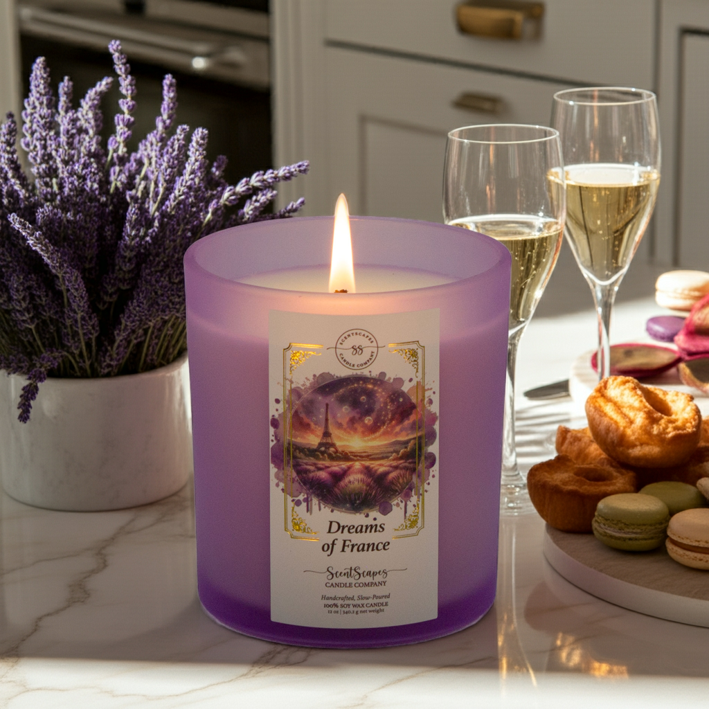 Purple candle labeled 'Dreams of France' on a table with lavender, glasses of wine, and pastries.