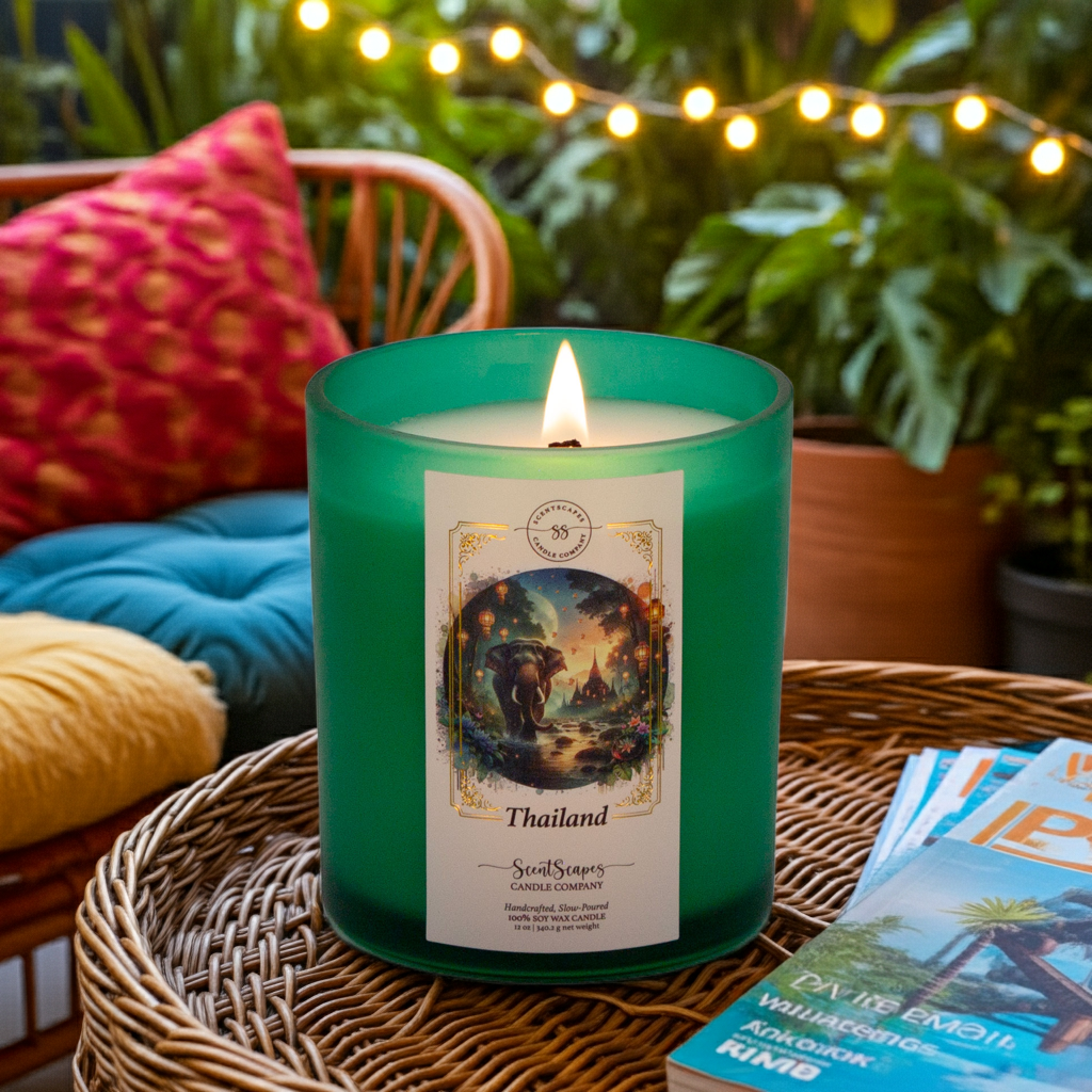 Green candle with a label on a woven table, surrounded by books and plants