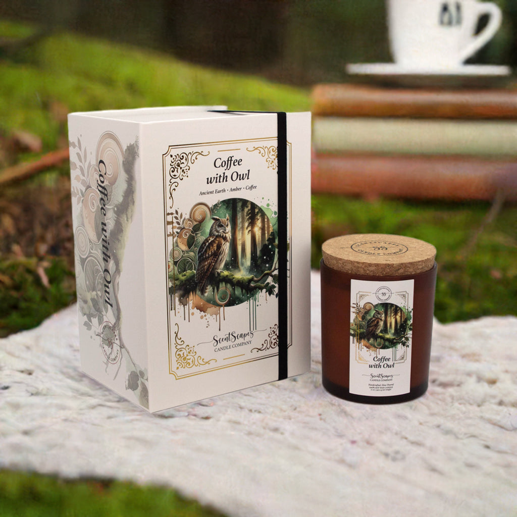 A ScentScapes scented candle in a brown amber jar with a cork lid, labeled 'Coffee with Owl', depicting an illustration of an owl, placed in a natural setting with trees and moss in the background. A vintage-style gold foil design frames the image. Candle next to its storybook box packaging featuring same label imagary as candle label. Set in a mossy forest scene on top of a blanket with old books and a cup of coffee.