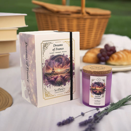 A ScentScapes candle in a purple jar with a cork lid, labeled 'Dreams of France' with an image of a glittering the Eiffel Tower and lavender fields. A vintage-style gold foil design frames the image. The candle is next to its storybook box packaging with same label imagery. Products sitting on top of a picnic blanket sprigs of lavender and books and a basket in the background.