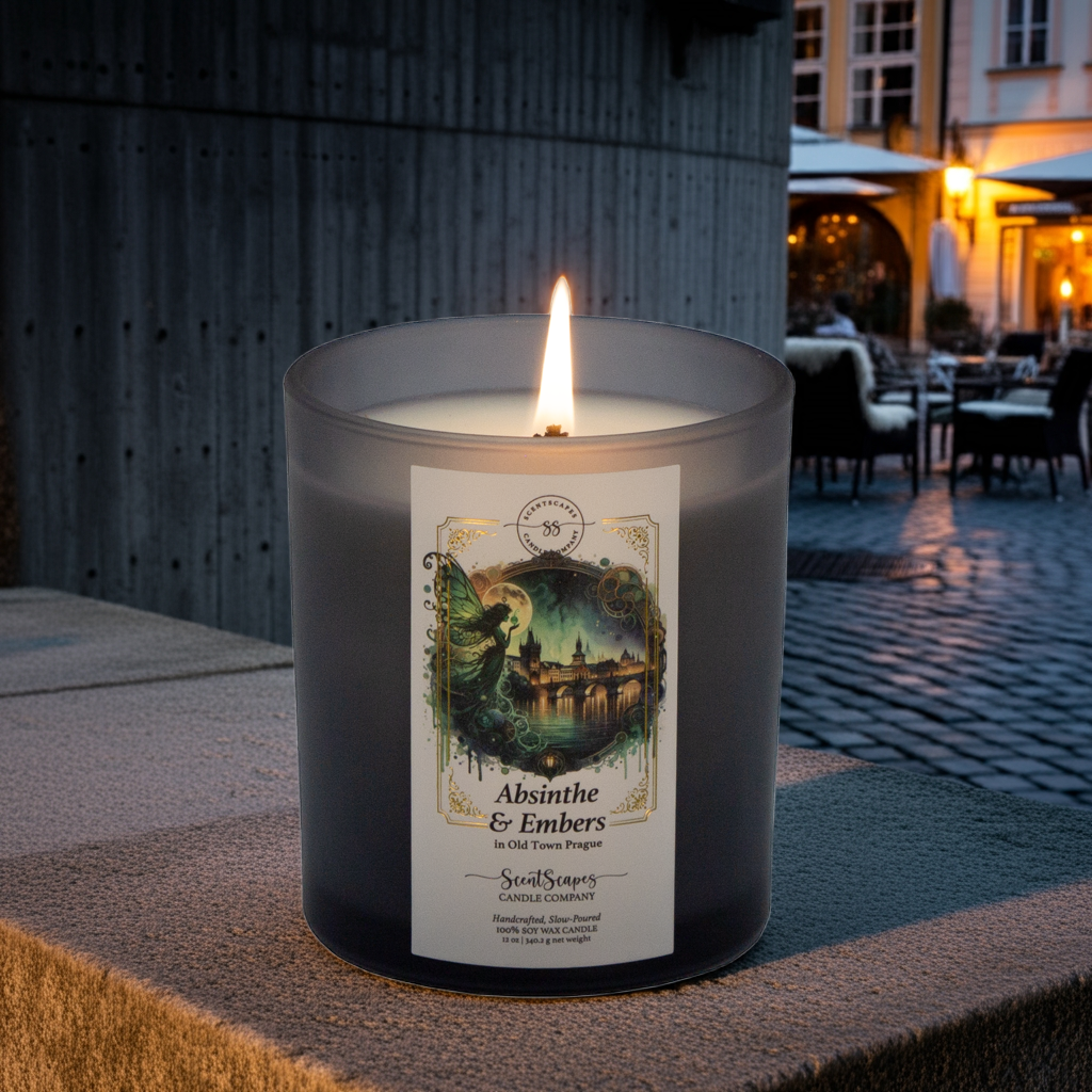 A lit ScentScapes candle in a gray black glass jar with a label featuring an illustration of a green fairy framed by a full moon with Old Town Prague in the background and Charles Bridge along the Vltava River. A vintage-style gold foil design frames the image. The candle sits on top of a concrete surface in the context of an evening scene in Old Town Prague featuring cobblestone streets and a cozy cafe.