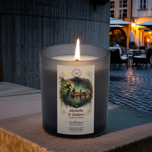 A lit ScentScapes candle in a gray black glass jar with a label featuring an illustration of a green fairy framed by a full moon with Old Town Prague in the background and Charles Bridge along the Vltava River. A vintage-style gold foil design frames the image. The candle sits on top of a concrete surface in the context of an evening scene in Old Town Prague featuring cobblestone streets and a cozy cafe.
