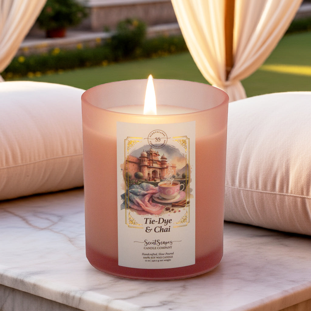 A lit ScentScapes candle in pink glass jar with a label featuring a cup of chai, pastel pink and blue tie-dye fabric and the pink city of Jaipur, India in the background. A vintage-style gold foil design frames the image. The candle sits on top of a white marble surface with soft white pillows, curtains and a lush garden in the background.