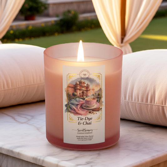 A lit ScentScapes candle in pink glass jar with a label featuring a cup of chai, pastel pink and blue tie-dye fabric and the pink city of Jaipur, India in the background. A vintage-style gold foil design frames the image. The candle sits on top of a white marble surface with soft white pillows, curtains and a lush garden in the background.